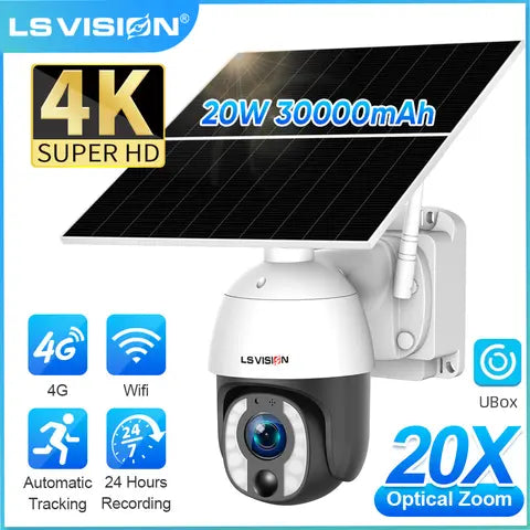 LS VISION 4K 4G Wifi Solar Camera Outdoor 24/7 Record Wireless 30000mAh Long Standby Battery 20W PTZ Waterproof Security Camera