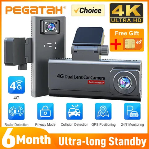 PEGATAH 4K 4G Car Security Camer Dual Lens GPS Dash Cam for Car Camera Intercom Human Detection 6 Month 24H Parking Monitor