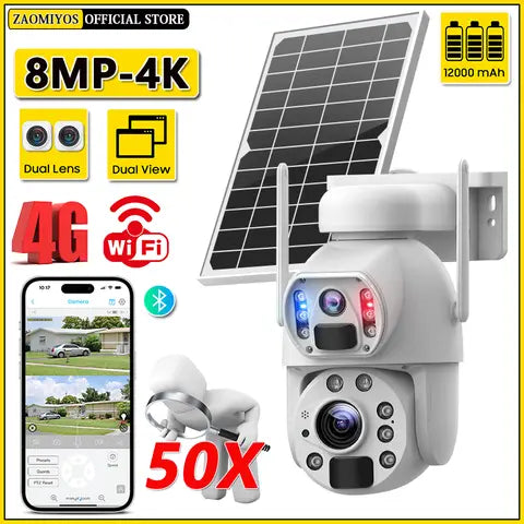 50X Zoom 4G SIM Card Solar Dual Lens/View Camera 4K 8MP WIFI IP Camera PTZ Outdoor PIR Detect Security Night Vision Surveillance