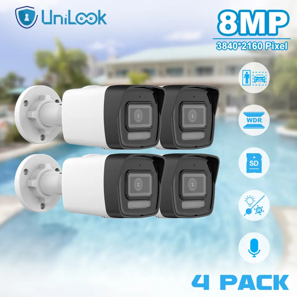 Unilook 4K 8MP Motion Detection 2.0 Fixed Bullet Network Camera Outdoor IR 30m SD Card H.265 One Way Audio IP67 POE IP Camera
