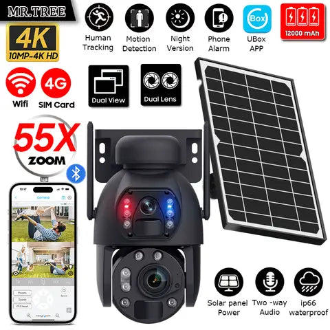 10MP WiFi Security Solar Camera Dual Lens 55X Zoom 4G SIM Home Outdoor Surveillance PTZ CCVT Human Detection Tracking IP Monitor