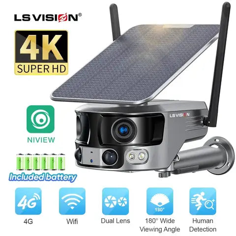 LS VISION 4K 180? Ultra Wide View Angle 4G Solar Security Camera Outdoor WIFI 4X Zoom Dual Lens PIR Human Detection CCTV Camera