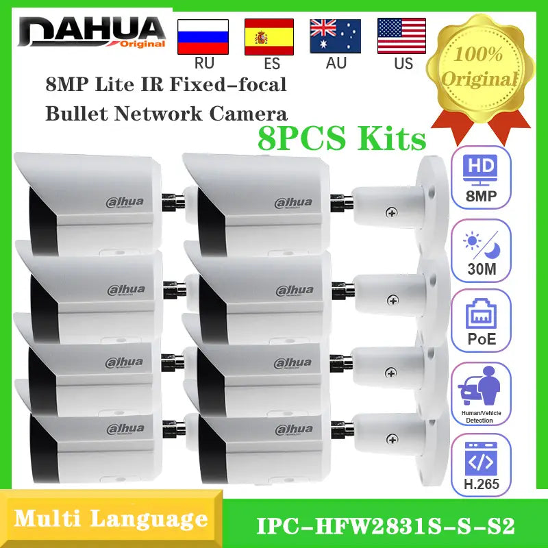 8PCS Kits Original Dahua 4K 8MP IPC-HFW2831S-S-S2 Surveillance IP Camera Security IR 30m P2P Bullet Starlight Camera
