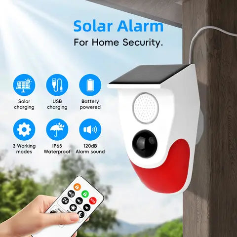 SMARSECUR Outdoor Solar Sound Light Alarm Motion Sensor, Battery 120DB Siren Sound Alert Flash Strobe Security Alarm System