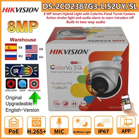 Hikvision 8MP IP Camera DS-2CD2387G3-LIS2UY/SL Smart Hybrid Light ColorVu 2-Way Audio 4K Turret Camera Strobe Light Audio Alarm
