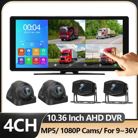 4CH Vehicle DVR 10.36 Inch AHD System MP5 Bluetooth Recorder Touch Monitor 1080P HD Night Vision Reverse Camera For Truck RV Bus
