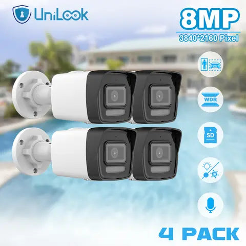 Unilook 4K 8MP Motion Detection 2.0 Fixed Bullet Network Camera Outdoor IR 30m SD Card H.265 One Way Audio IP67 POE IP Camera
