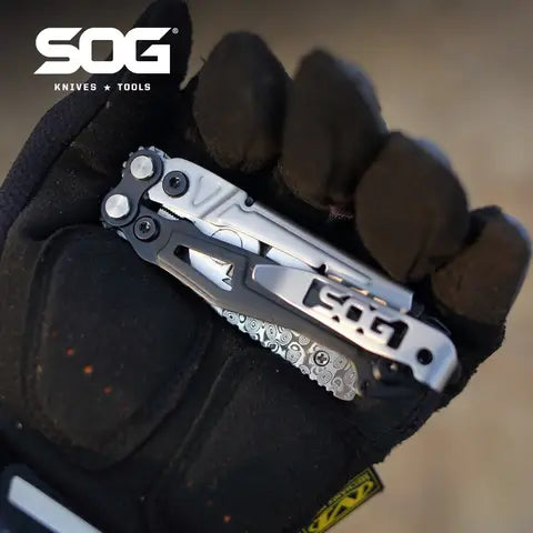 SOG 12-in-1 Reactor Damascus EDC Compact Folding Pocket Knife Portable for Outdoor Camping Self-defense , Cutting Hand Tools