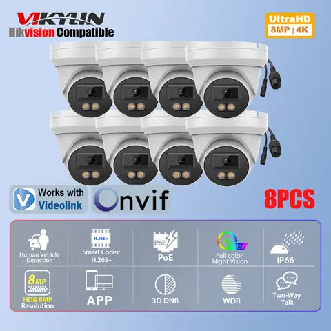 Vikylin Hikvision Compatible 8MP Full Color Turret IP Camera Two-Way Audio Huma-vehicle Detection Outdoor Video Surveillance poe