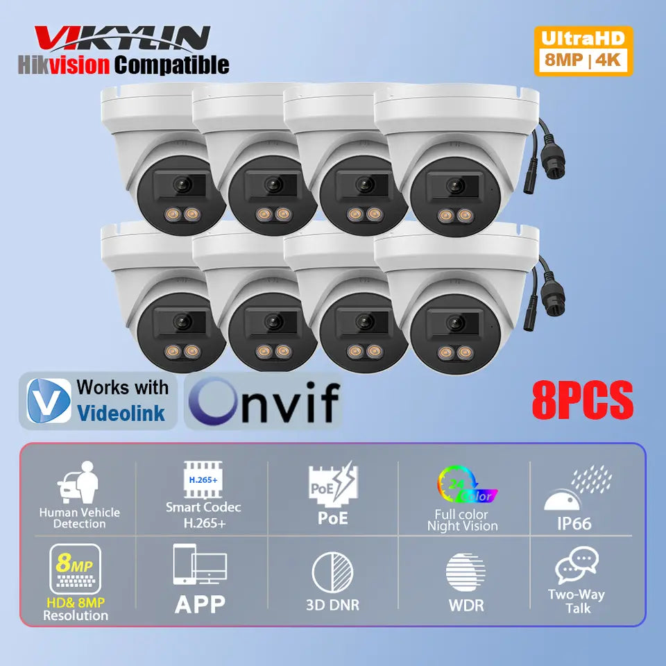 Vikylin Hikvision Compatible 8MP Full Color Turret IP Camera Two-Way Audio Huma-vehicle Detection Outdoor Video Surveillance poe