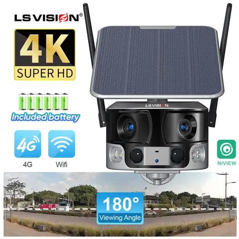 LS VISION 8MP 4G Solar Security Camera Outdoor WIFI 180? Ultra Wide View Angle 4X Zoom Dual Lens PIR Human Detection CCTV Camera