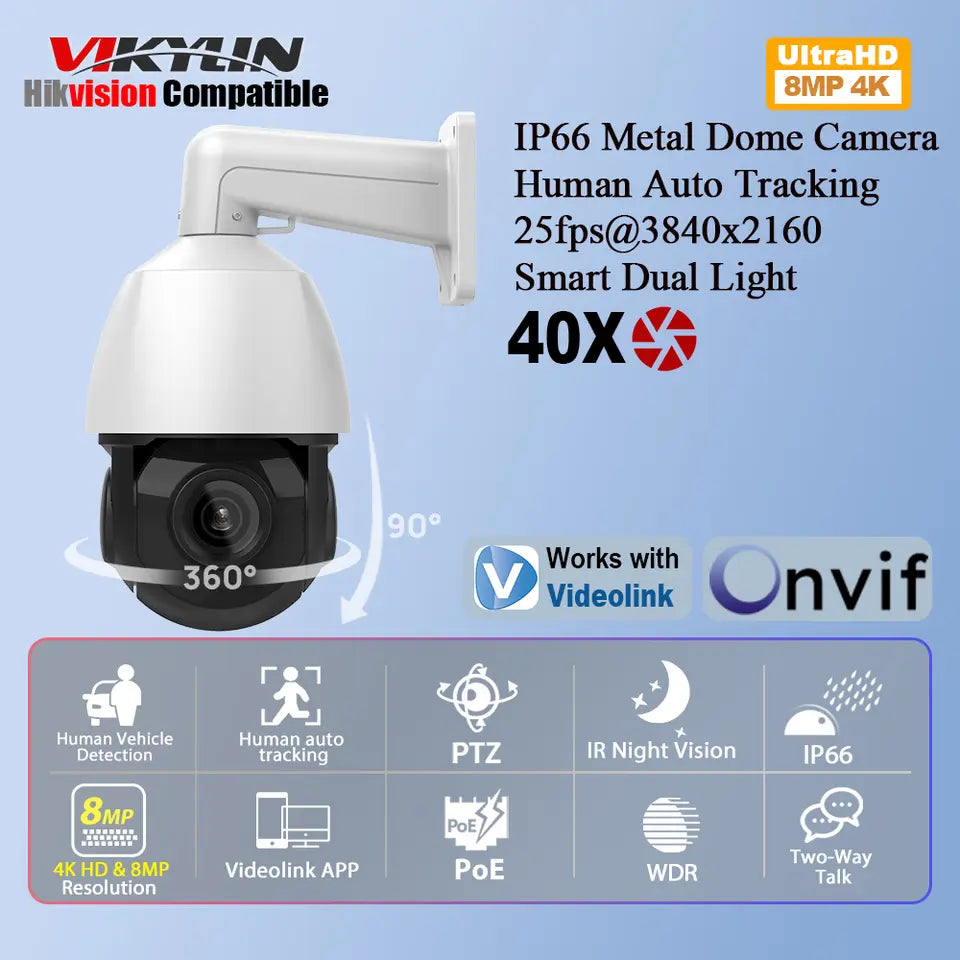 Vikylin 8MP 40X zoom PTZ IP camera IR night vision Human Auto Tracking MD2.0 IP66 outdoor security video surveillance POE camera